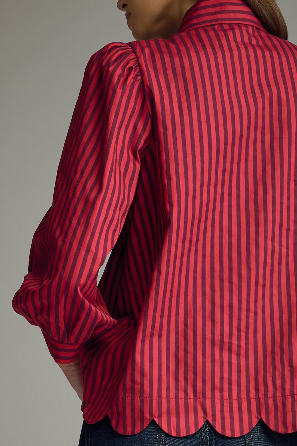 Stripe self-tie neck 3/4 puff sleeve top