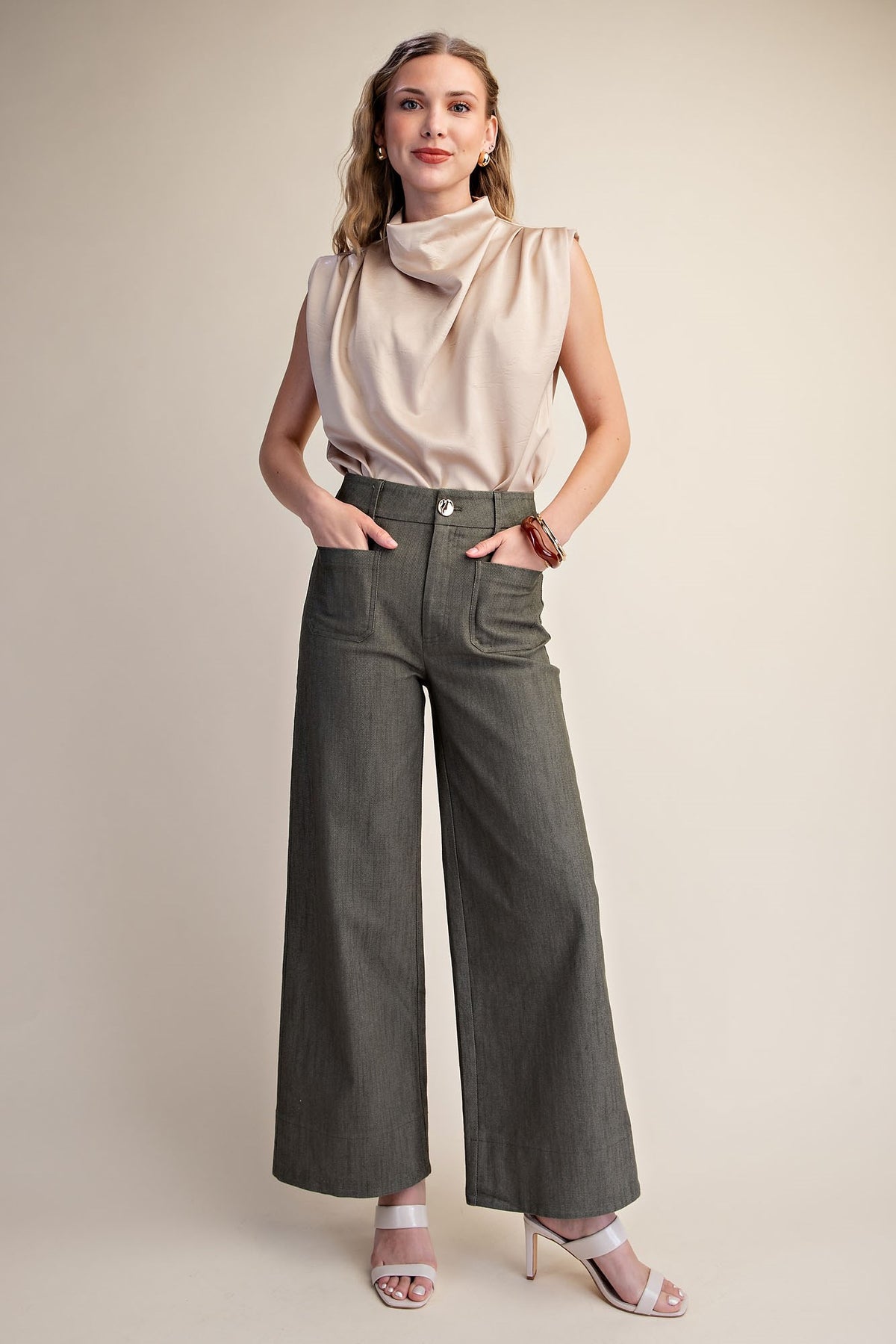 Stretchy Jeans High Rise Front Pocket Wide Leg