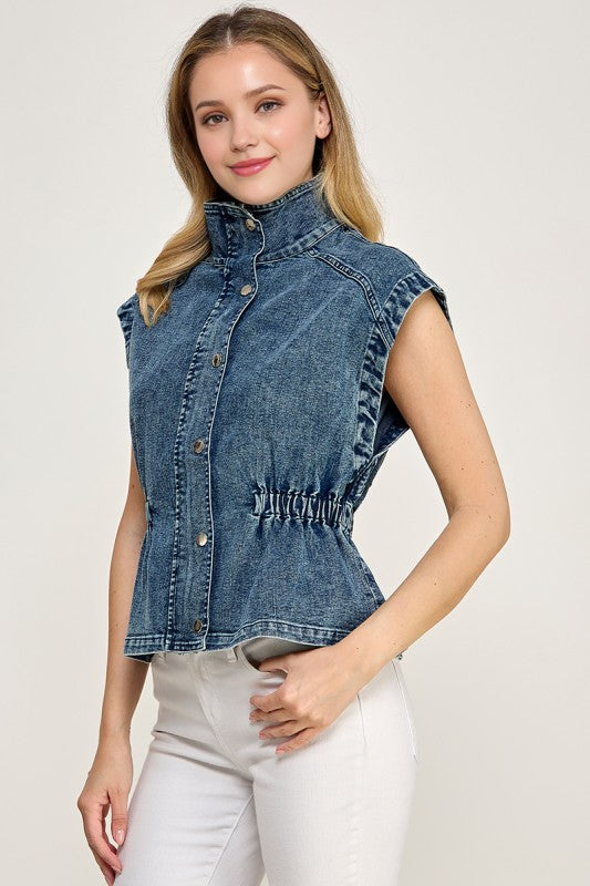 Hem Waist Drawstring Denim Jacket