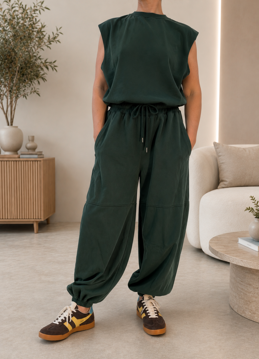 Solid round neck sleeveless oversized jumpsuit