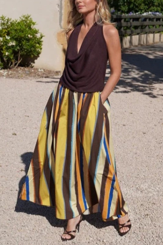 Striped Side-slit Maxi Skirt