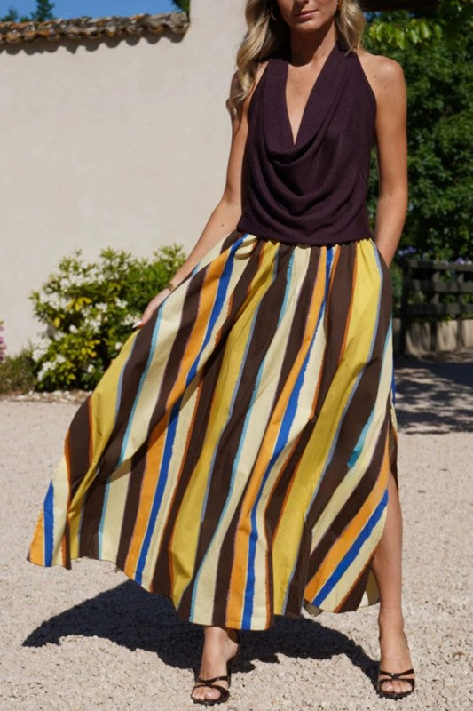 Striped Side-slit Maxi Skirt