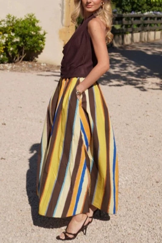Striped Side-slit Maxi Skirt