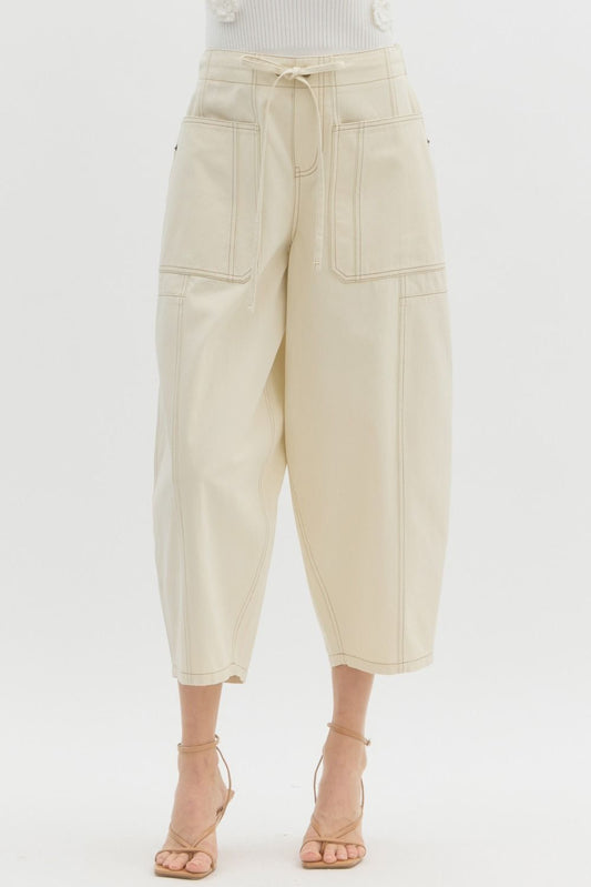 Solid high-waist ankle length barrel pull on pants.