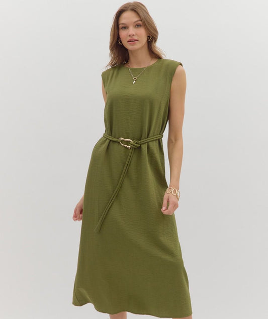 Solid muscle shoulder slit hem midi dress