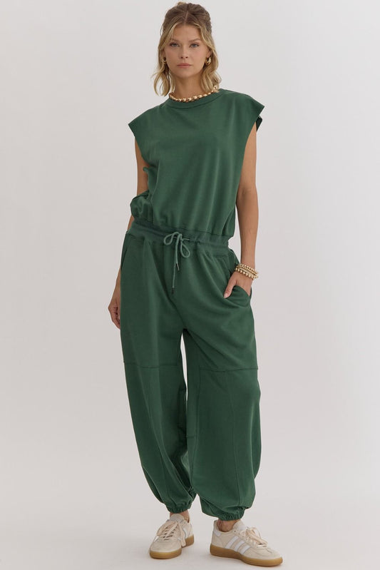Solid round neck sleeveless oversized jumpsuit