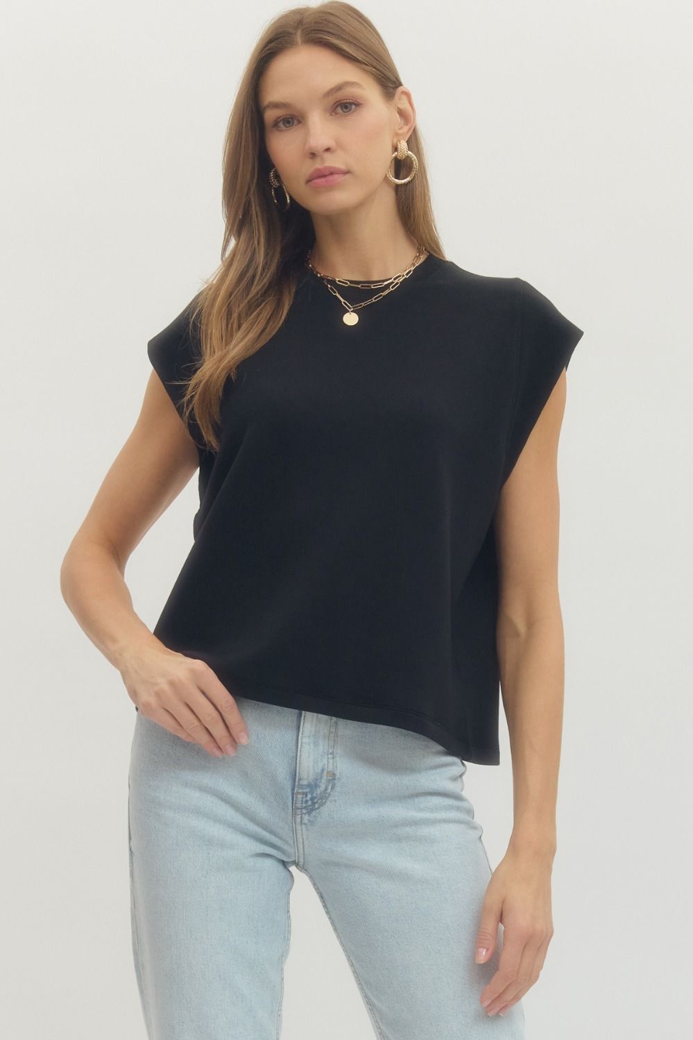 Solid round neck cap sleeve top