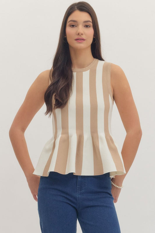 Striped sleeveless peplum knit top