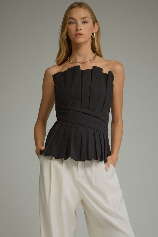 Solid strapless top with pleated detail