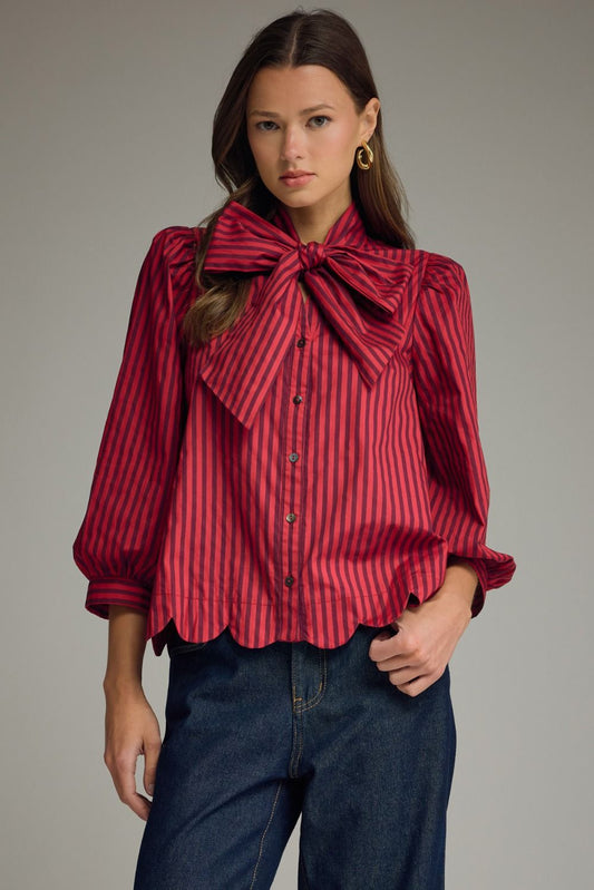 Stripe self-tie neck 3/4 puff sleeve top