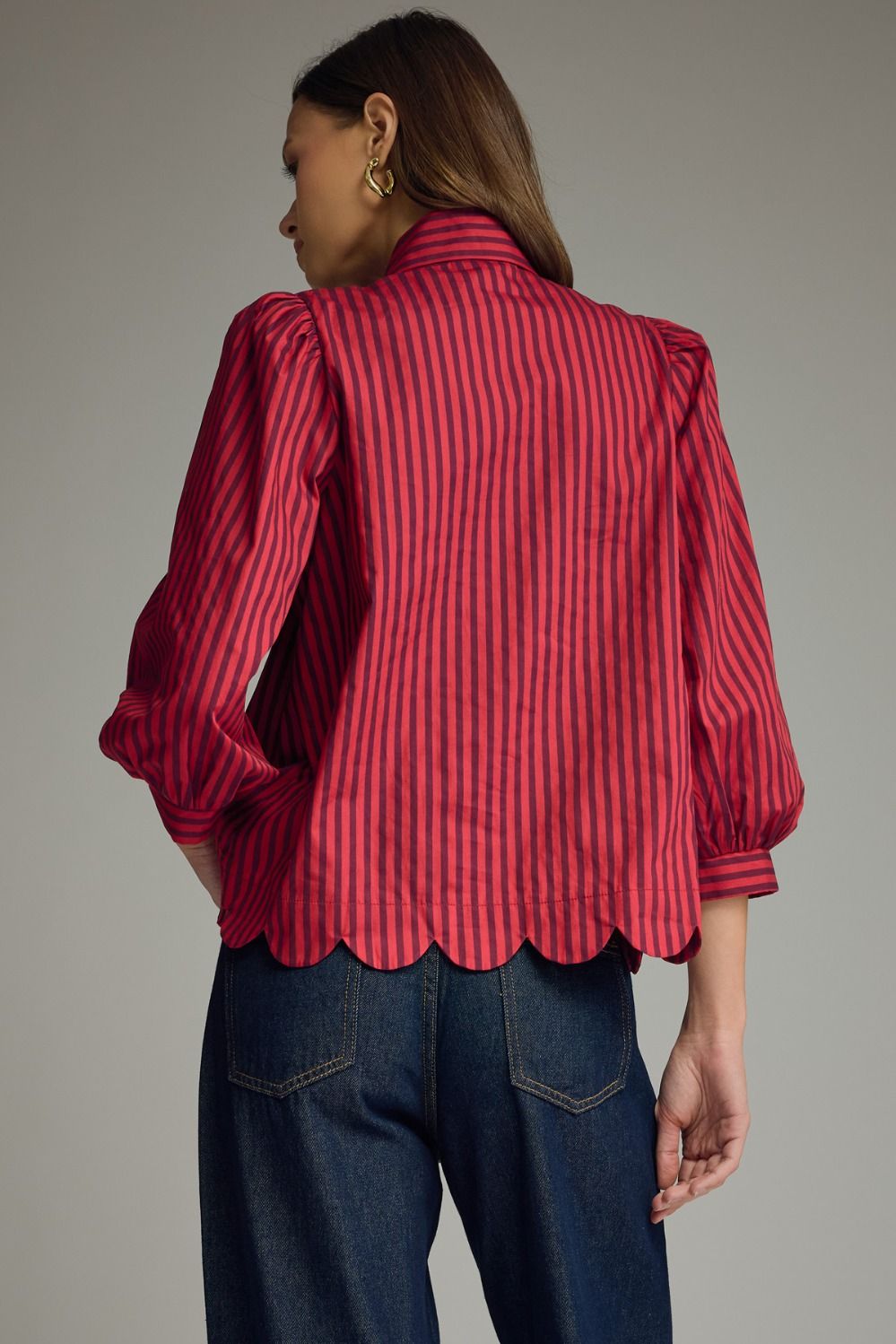 Stripe self-tie neck 3/4 puff sleeve top