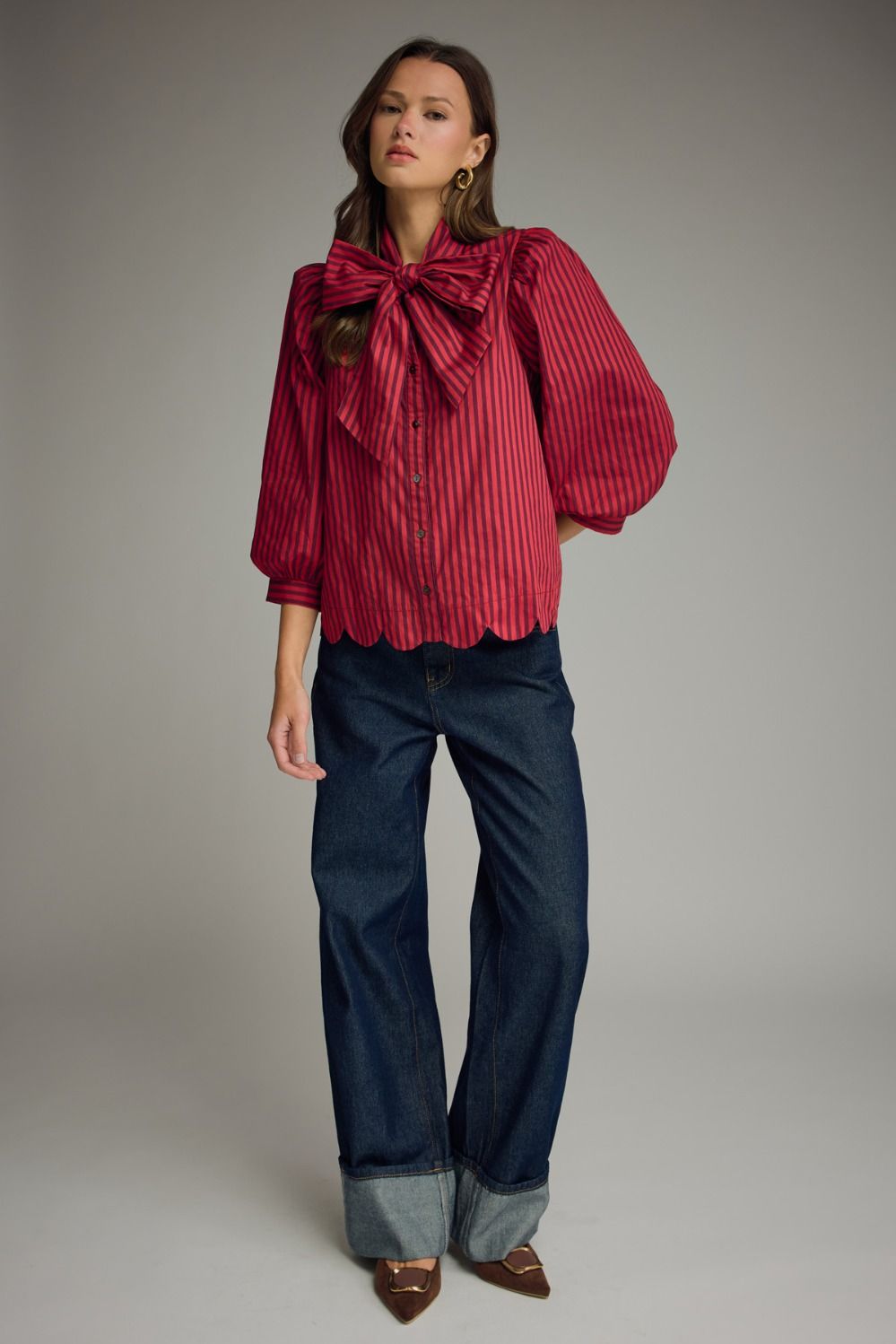 Stripe self-tie neck 3/4 puff sleeve top