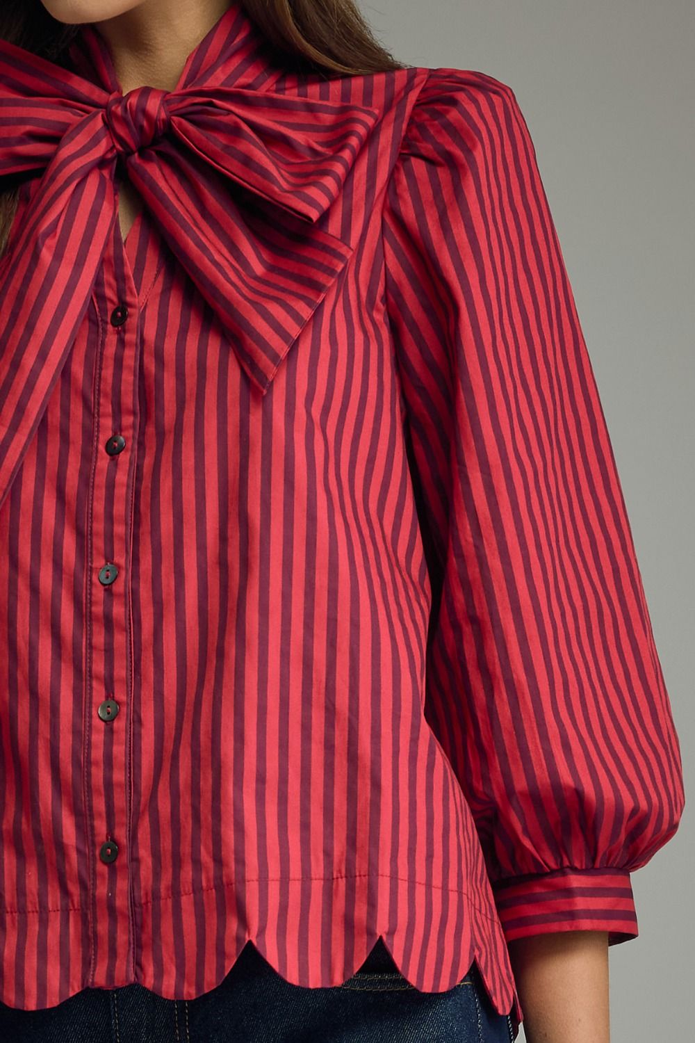 Stripe self-tie neck 3/4 puff sleeve top